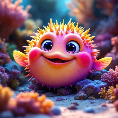 The primary subject of the image is a cute, colorful, and cartoonish fish with a big smile on its face. The fish is surrounded by a vibrant and lively underwater environment, featuring a variety of colorful coral and sea creatures. The visual style of the image is a combination of photo and digital art, creating a whimsical and playful atmosphere. The dominant colors in the image are shades of pink, purple, and blue, which contribute to the overall cheerful and lighthearted mood.
